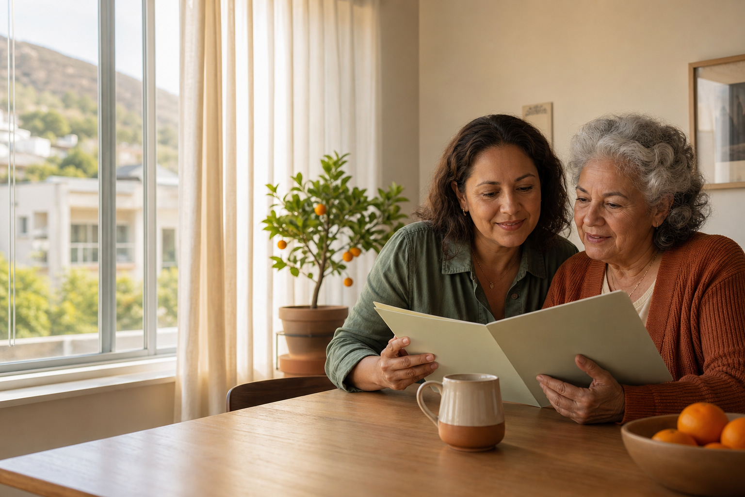 A daughter and her mother reviewing housing options together